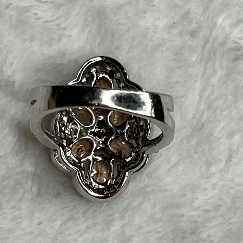 Floral Cluster Ring With Orange & Clear Gemstones In Silver Setting size 6 - Picture 7 of 8